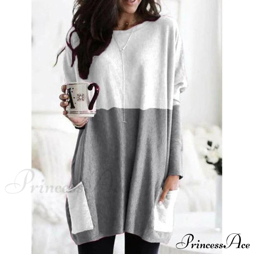 Women Long Sleeve Casual Pocket T-Shirt Loose Plus Size Top Blouse Gray __stock:50 clothes refund_fee:1200 tops