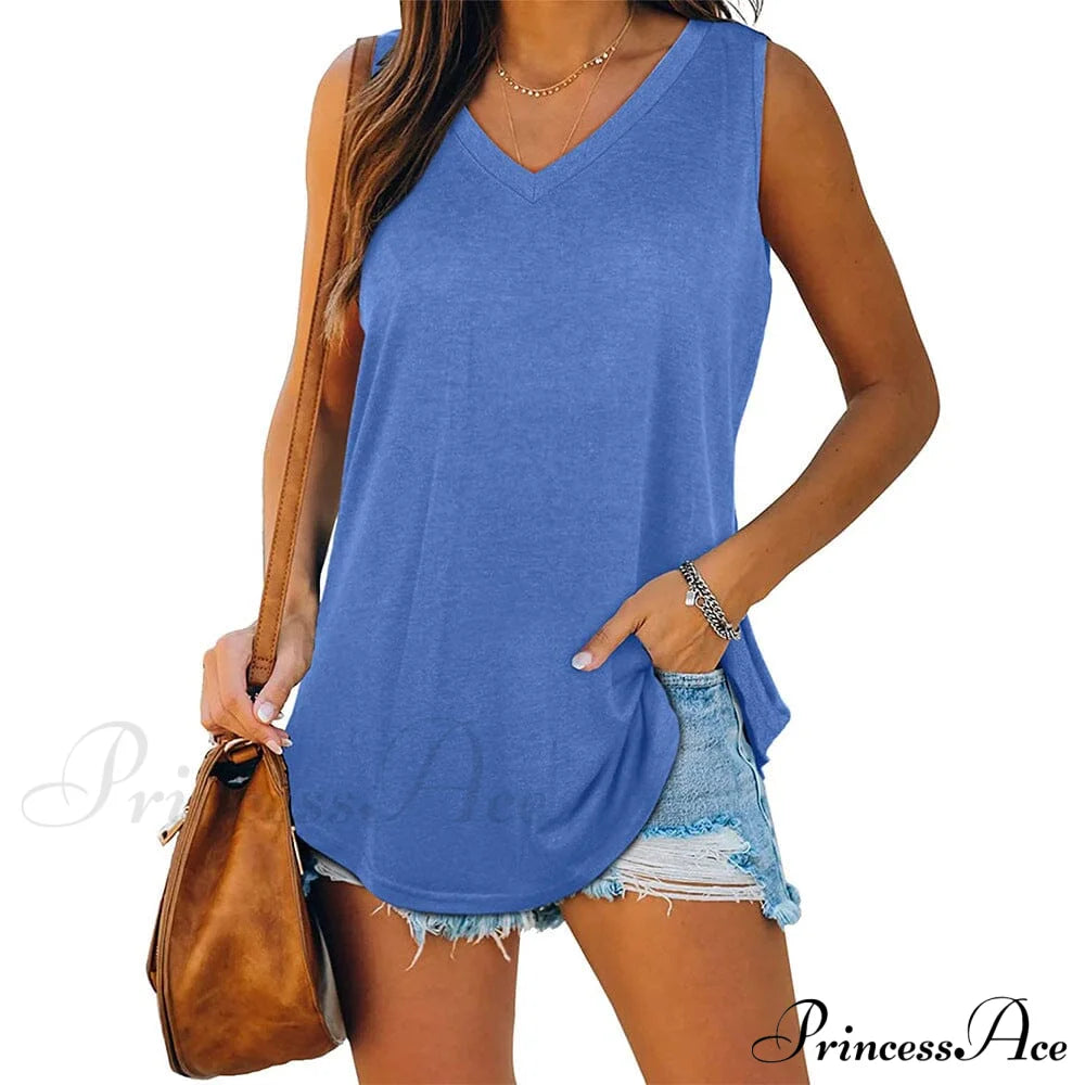 Women's V Neck Tank Top Blue __stock:200 clothes refund_fee:1200 tops