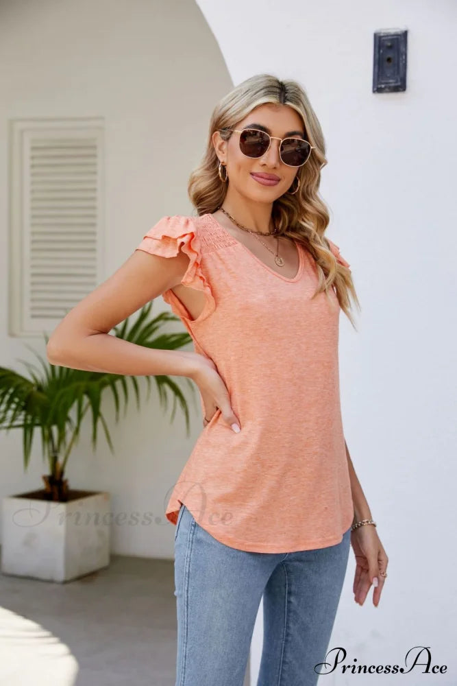 Top Smocked Flutter V-Neck With Arm Detail