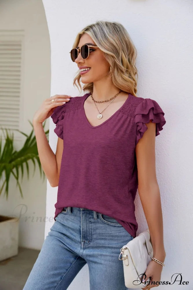 Smocked Flutter Sleeve V-Neck Top Plum clothes Lamy Ship From Overseas Shipping Delay 09/29/2023 - 10/02/2023 shirt shirts short sleeve top tops trend