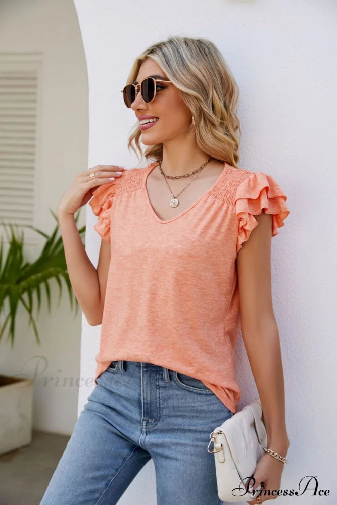 Smocked Flutter Sleeve V-Neck Top Sherbet clothes Lamy Ship From Overseas Shipping Delay 09/29/2023 - 10/02/2023 shirt shirts short sleeve top tops trend