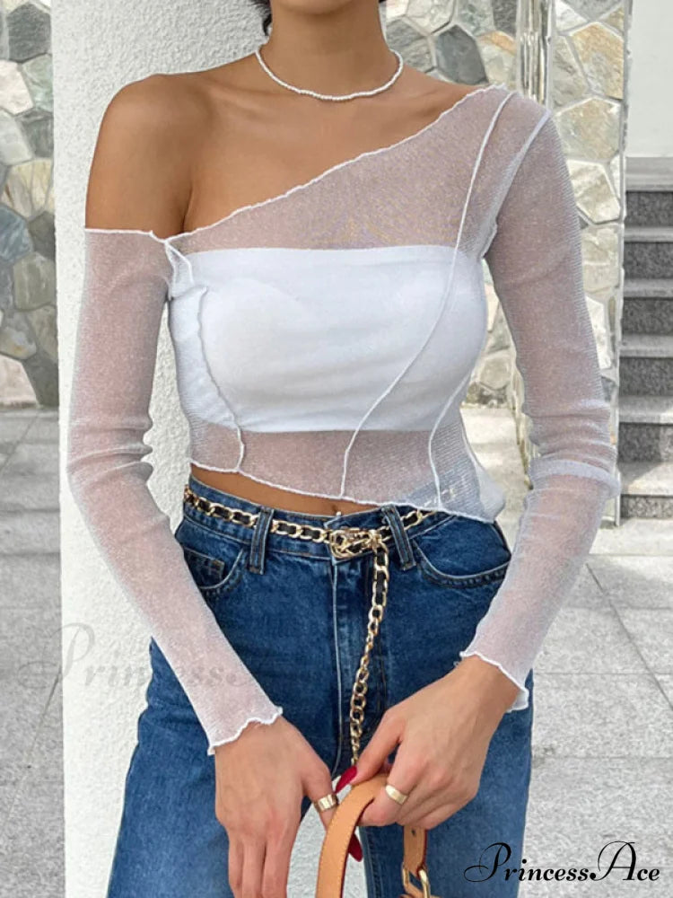 Women’s Solid Color Sheer Mesh One-shoulder Sexy Crop Top White Clothes long sleeve shirts long sleeve top shirt top