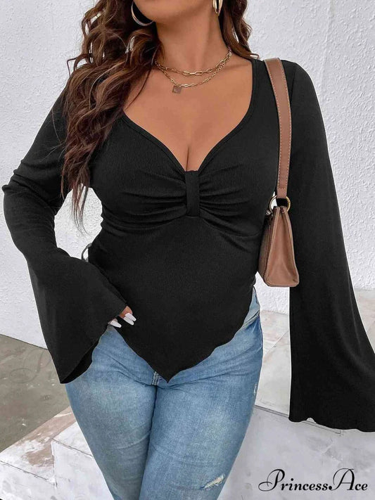 Plunge Flare Sleeve Top Black clothes long sleeve shirt long sleeve shirts long sleeve top long sleeve tops Ship From Overseas shirt shirts top tops Y@Q@S