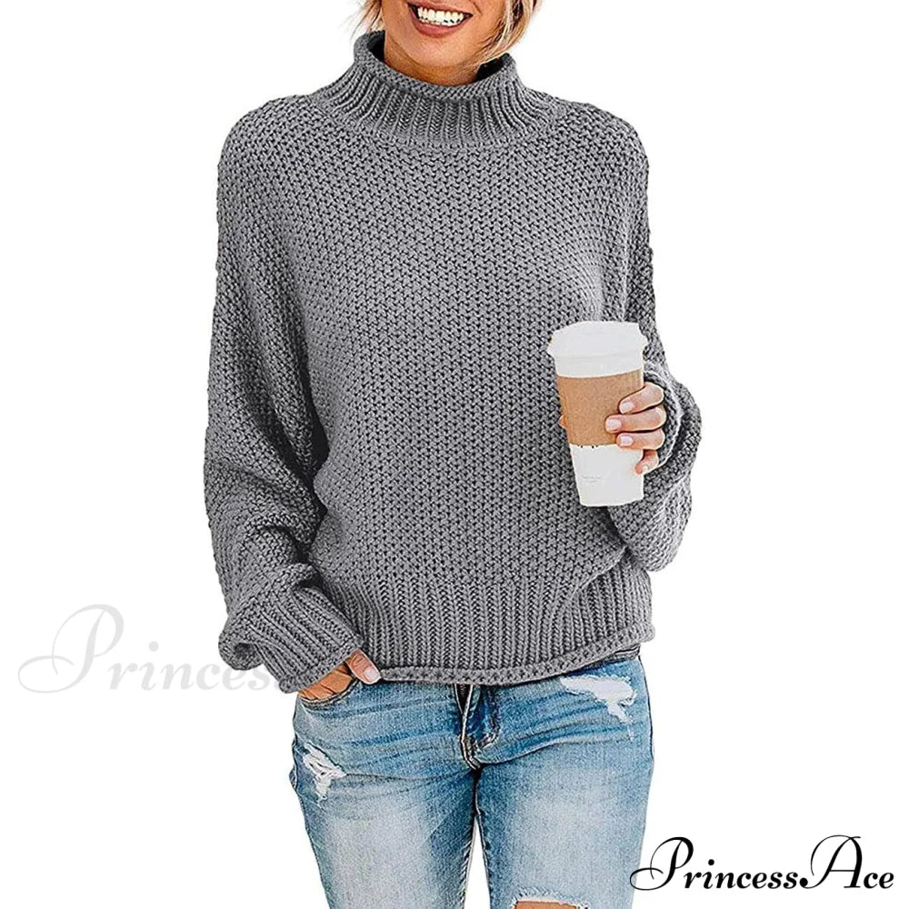 Women's Turtleneck Batwing Sleeve Loose Oversized Chunky Knitted Pullover Sweater Jumper Tops Gray __stock:500 clothes refund_fee:1200 tops