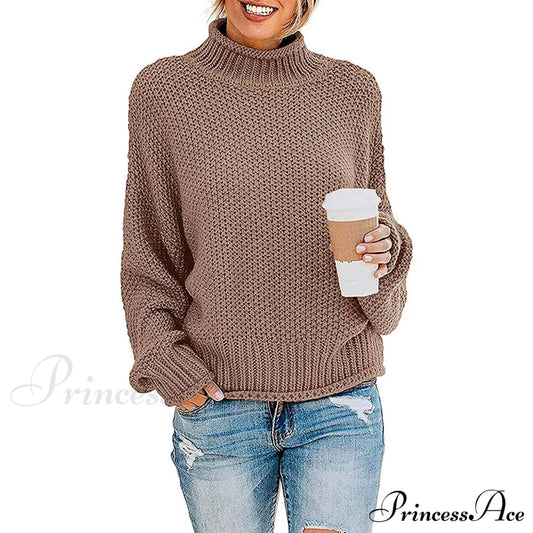 Women's Turtleneck Batwing Sleeve Loose Oversized Chunky Knitted Pullover Sweater Jumper Tops Khaki __stock:500 clothes refund_fee:1200 tops