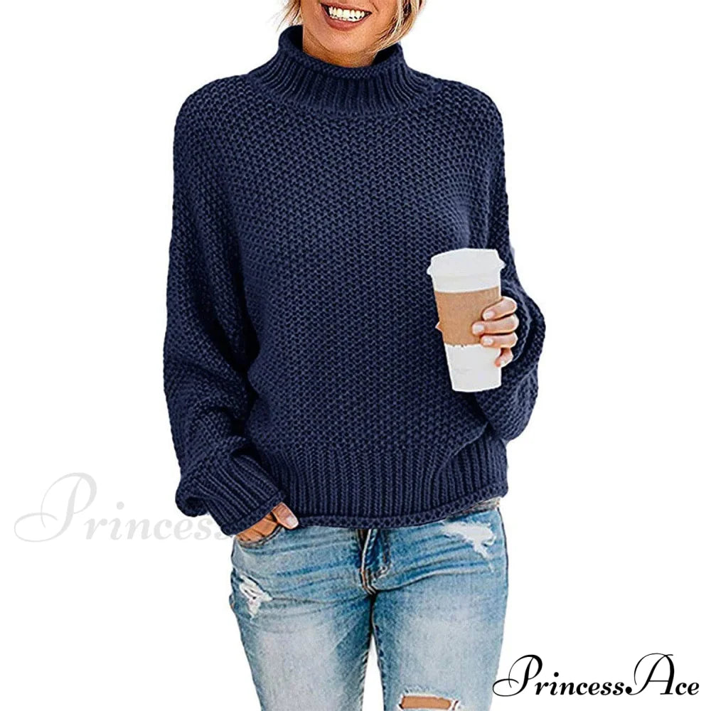 Women's Turtleneck Batwing Sleeve Loose Oversized Chunky Knitted Pullover Sweater Jumper Tops Navy __stock:500 clothes refund_fee:1200 tops