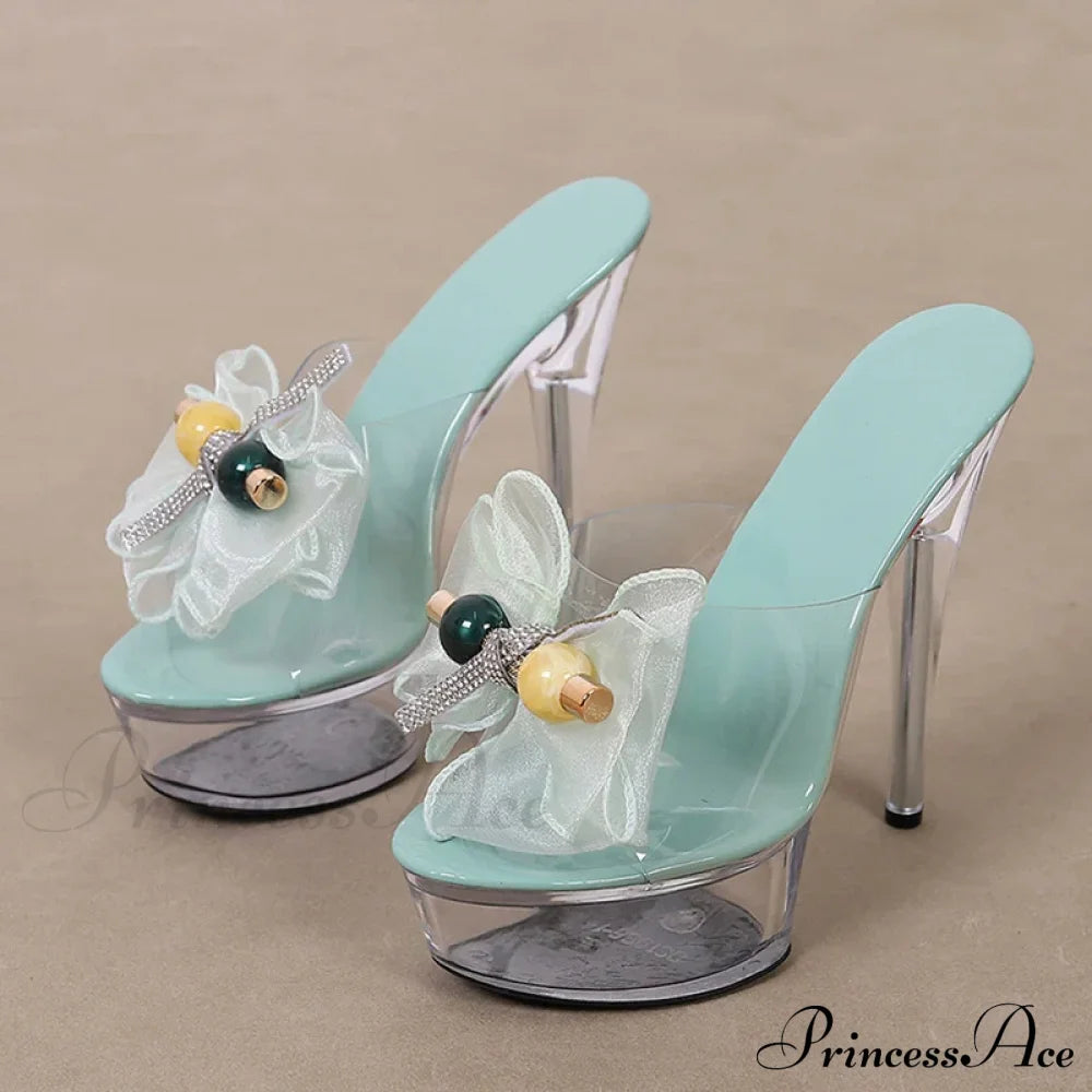 Transparent Mesh Bowknot Super-High Sexy Platform Stripper Party Stylish Chic High Heel Blue / 35