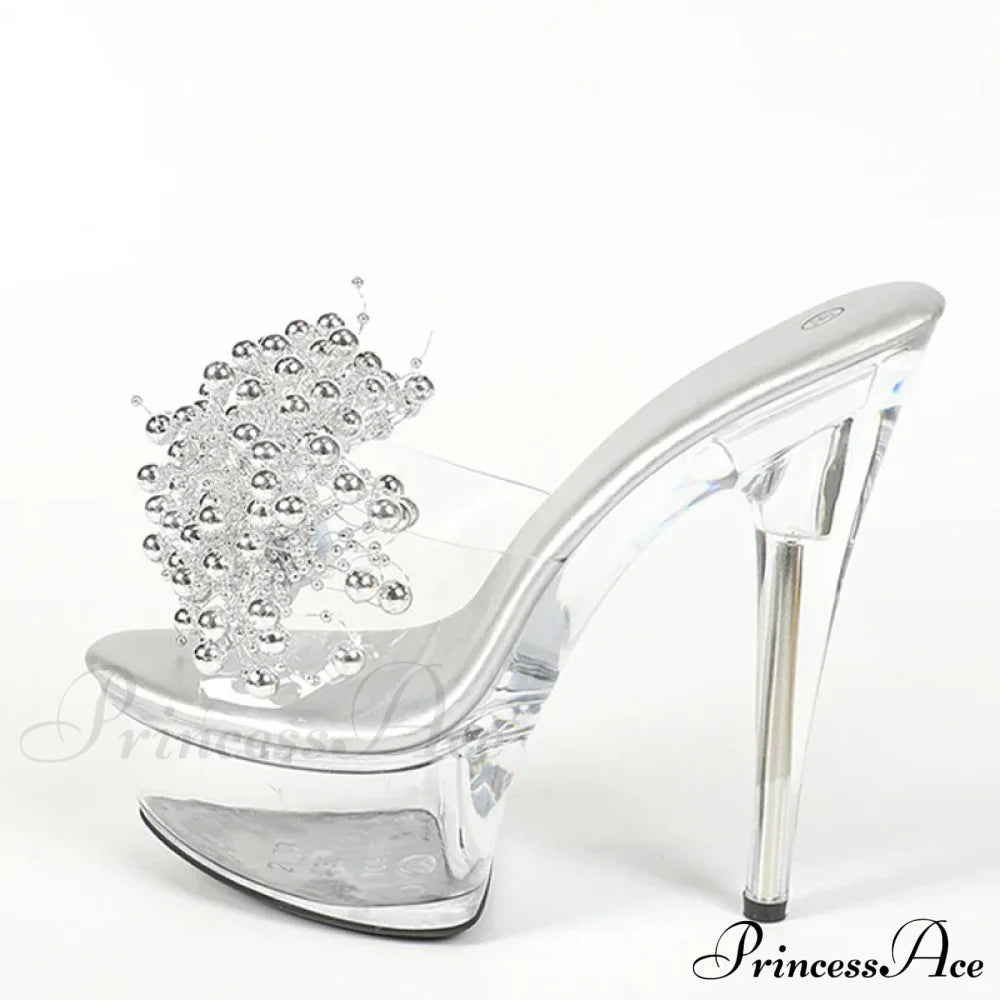 Transparent Slippers Silver Pearl Designer Sexy Open Toe Clear High Heels Platform Sandals Heel