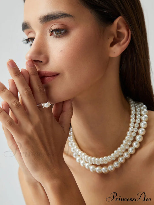 Treble Layers Graceful Pearl Necklace White / One Size Necklaces