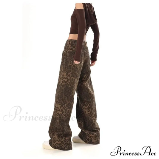 Trendy Autumnal American Retro Leopard Print Niche Design Casual Straight Wide-Leg Pants Jean