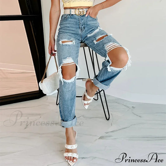 Trendy Blue High Waist Ripped Streetwear Casual Denim Jean