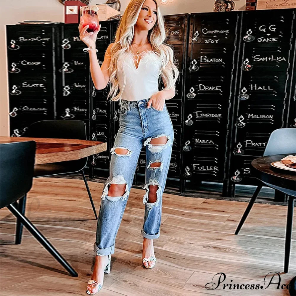 Trendy Blue High Waist Ripped Streetwear Casual Denim Jean