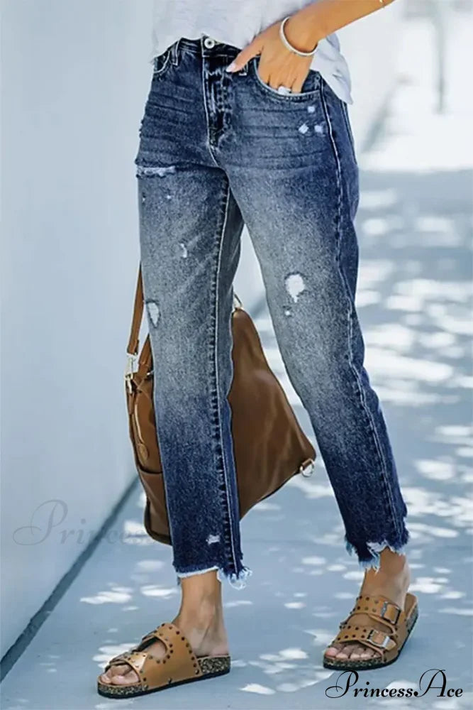 Trendy Casual Blue High Waist Streetwear Ripped Fashion Denim Jean Dark / S