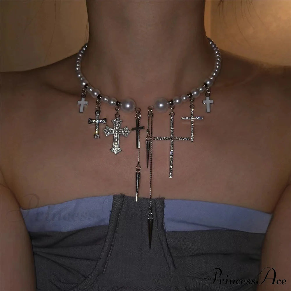 Trendy Cross Rivet Tassel Pearl Beaded High-End Luxury Necklace Halloween