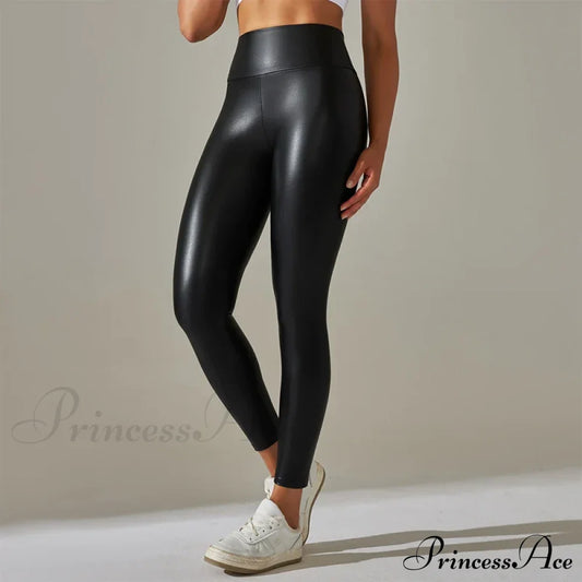 Trendy New Oversized High Waisted Tight Sexy Pu Leather Yoga Pants Leggings Black / S