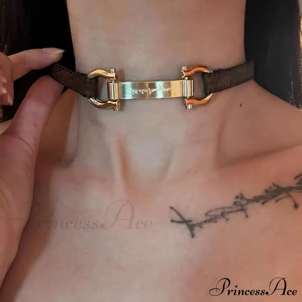 Trendy Punk Heavy Y2K Metal Leather Choker Necklace Gold Halloween