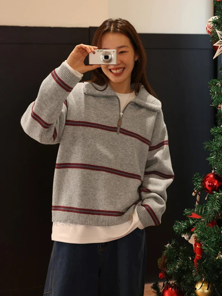 Trendy Stylish Striped Cozy Casual Comfortable Loose Warm Sweater Sweaters-L