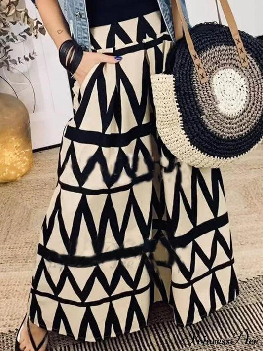 Triangle Printed Back Waist Graceful Elasticated Pocket Maxi Skirt Dresses