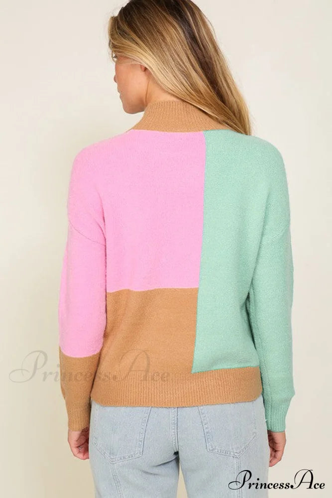 Trim Ribbed Mock Neck Colorblock Sweater Sweaters-L