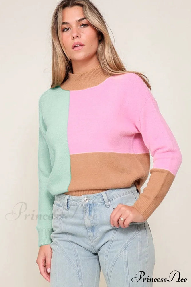 Trim Ribbed Mock Neck Colorblock Sweater Sweaters-L