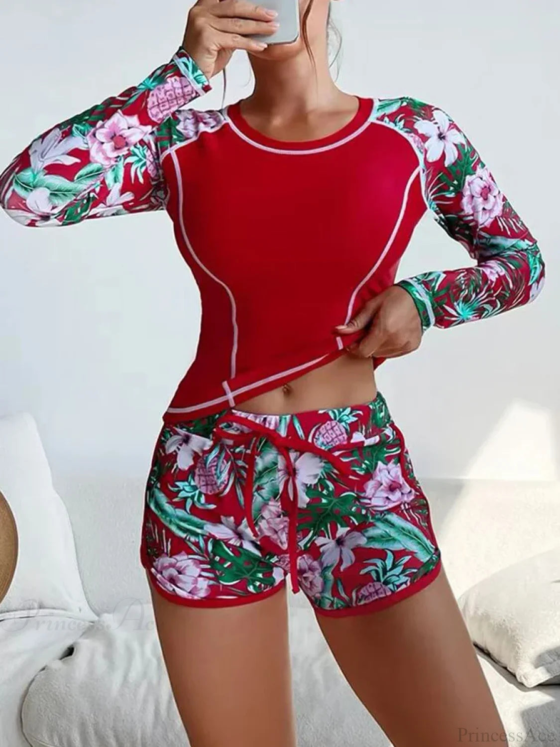 Tropical Print Rashguard Two Piece Set Red / S
