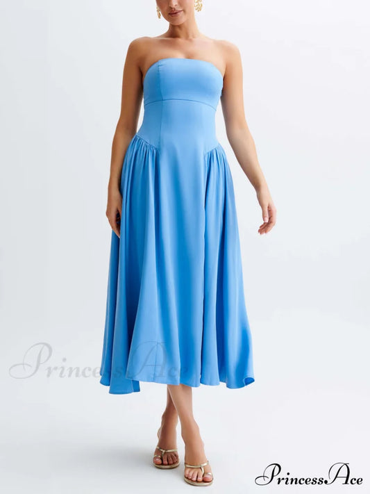 Tube Top Stylish Pleated Midi Dress Blue / S Dresses