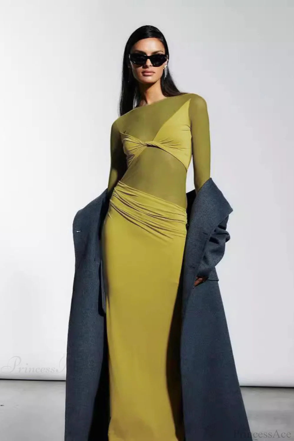 Tulle Panel Sexy Sheer Long Sleeve Maxi Dress