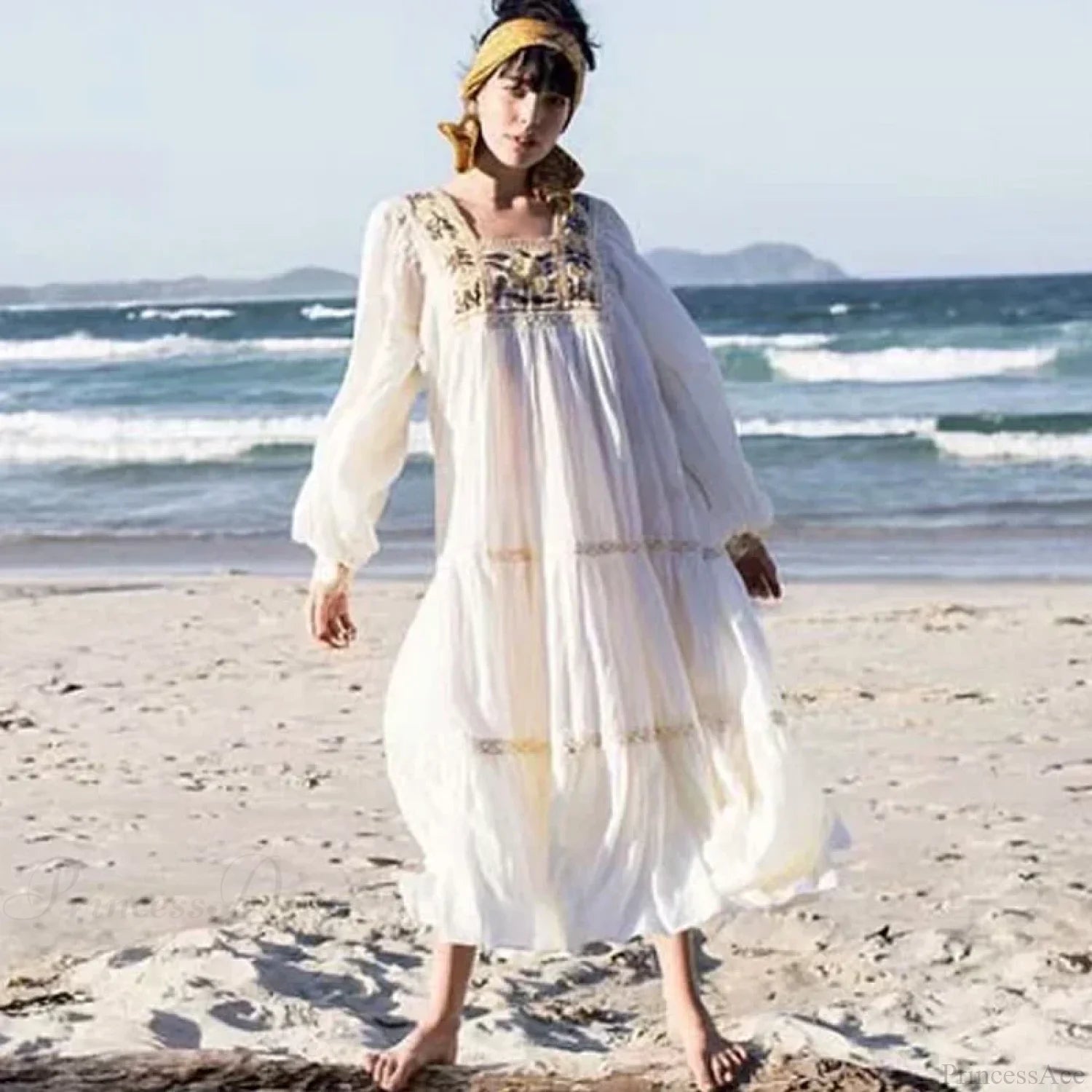 Tunic Dress Cotton Rayon Floral Embroidery Beige / One Size bohodress-250126