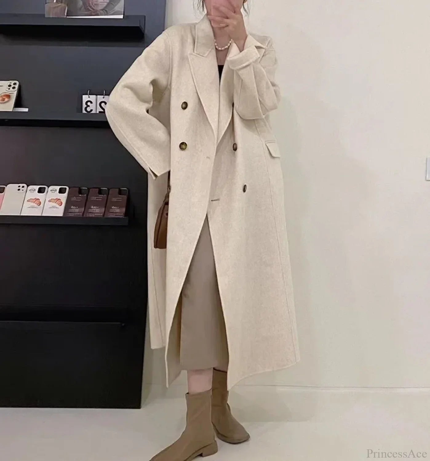 Turn-Down Collar Cashmere Wool Overcoat Beige / S