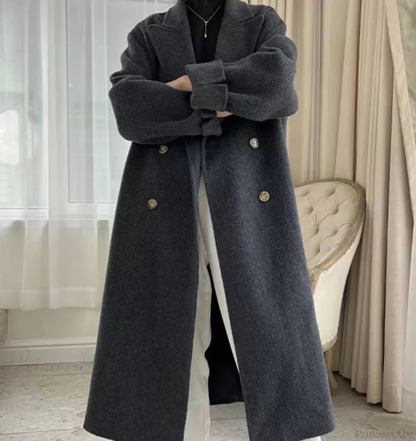 Turn-Down Collar Cashmere Wool Overcoat Black / S