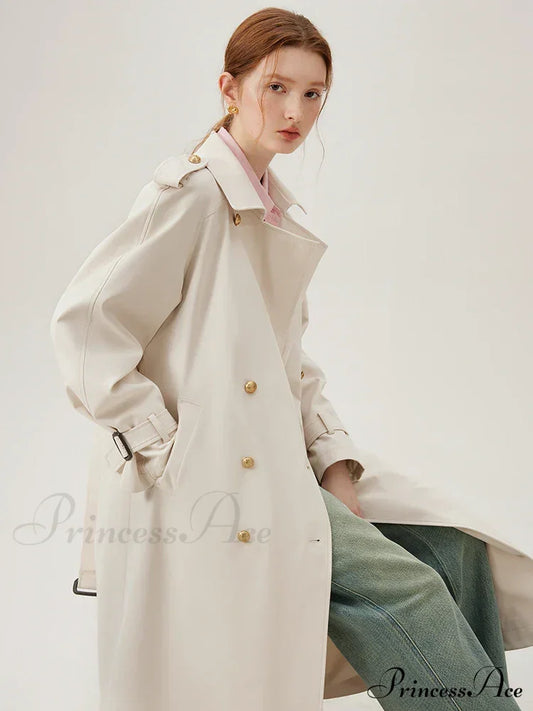 Turn-Down Collar Double Breasted Office Lady Long Light Khaki Spring New Elegant Chic Coat Beige /