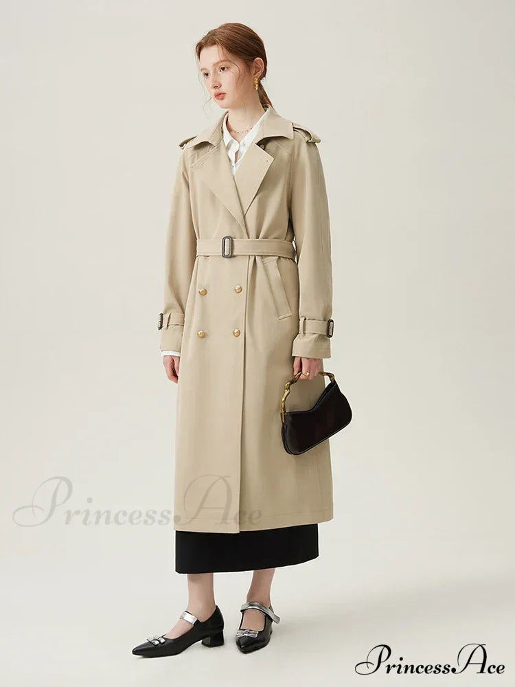 Turn-Down Collar Double Breasted Office Lady Long Light Khaki Spring New Elegant Chic Coat Coats-L