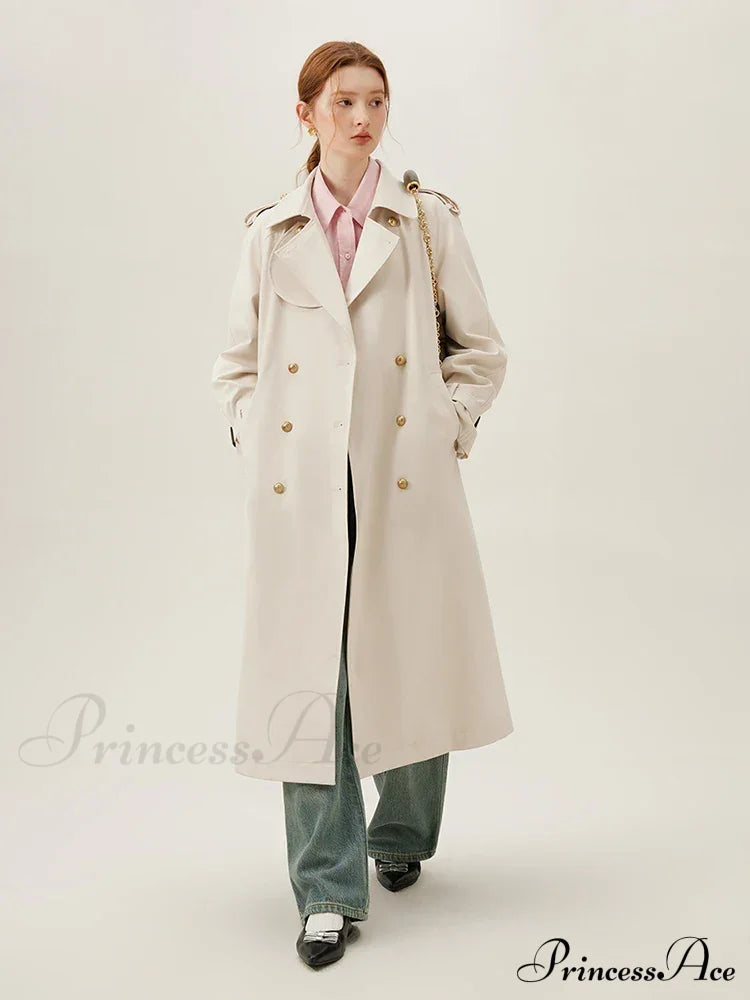 Turn-Down Collar Double Breasted Office Lady Long Light Khaki Spring New Elegant Chic Coat Coats-L