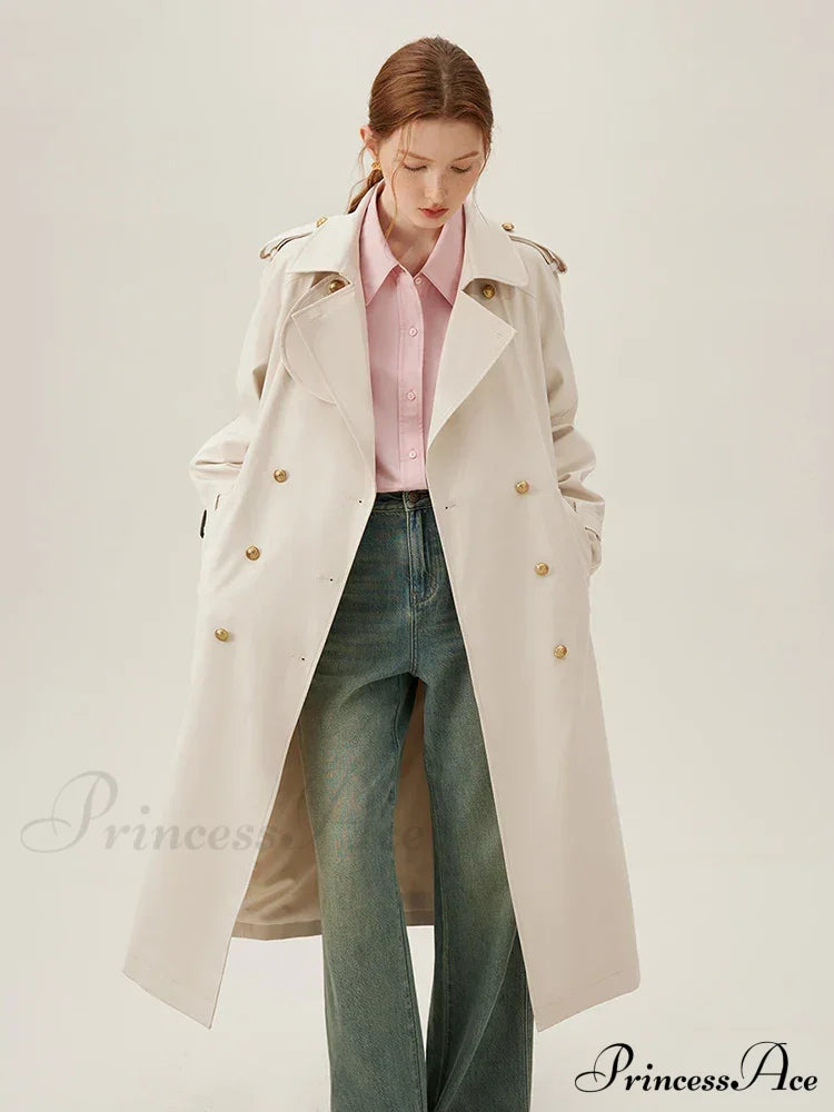 Turn-Down Collar Double Breasted Office Lady Long Light Khaki Spring New Elegant Chic Coat Coats-L