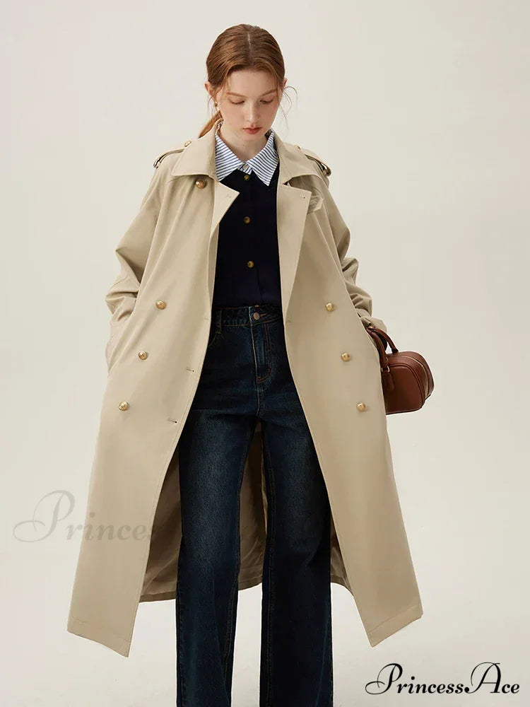 Turn-Down Collar Double Breasted Office Lady Long Light Khaki Spring New Elegant Chic Coat Khaki /