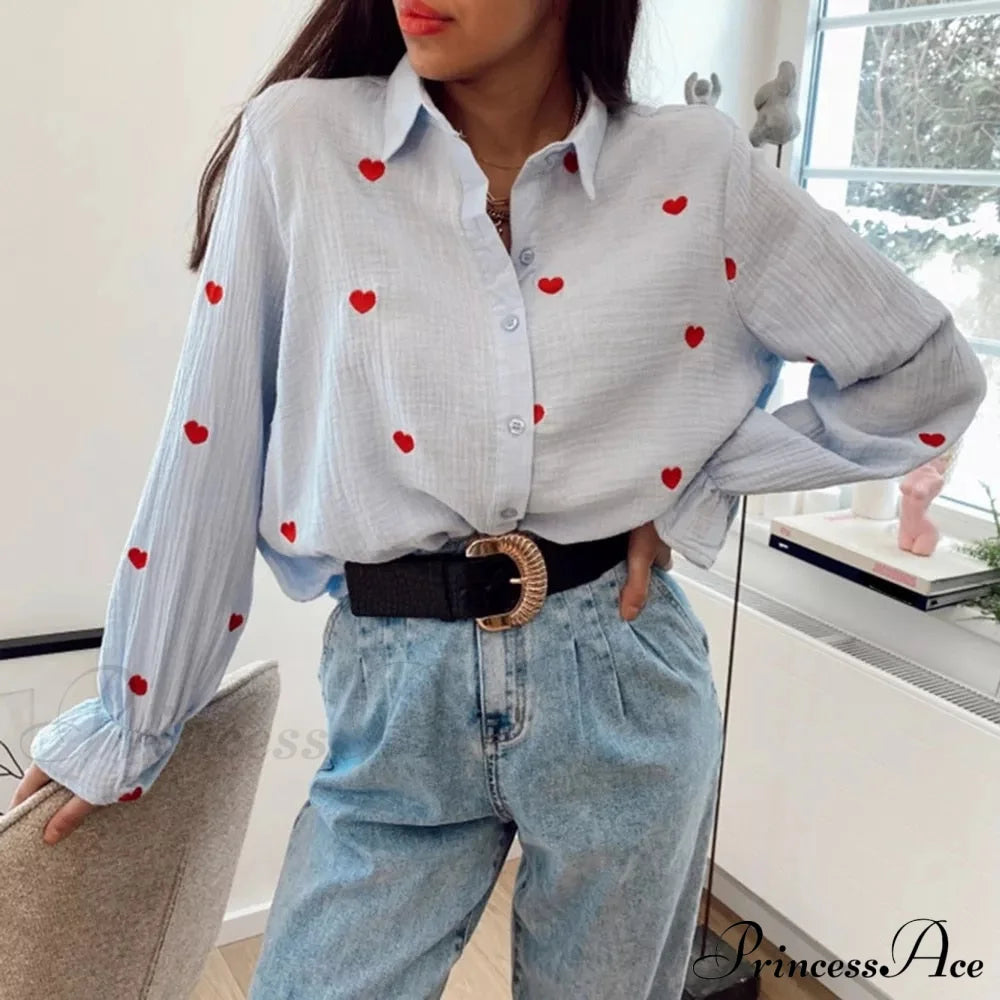 Turn Down Collar Heart Print Blouses