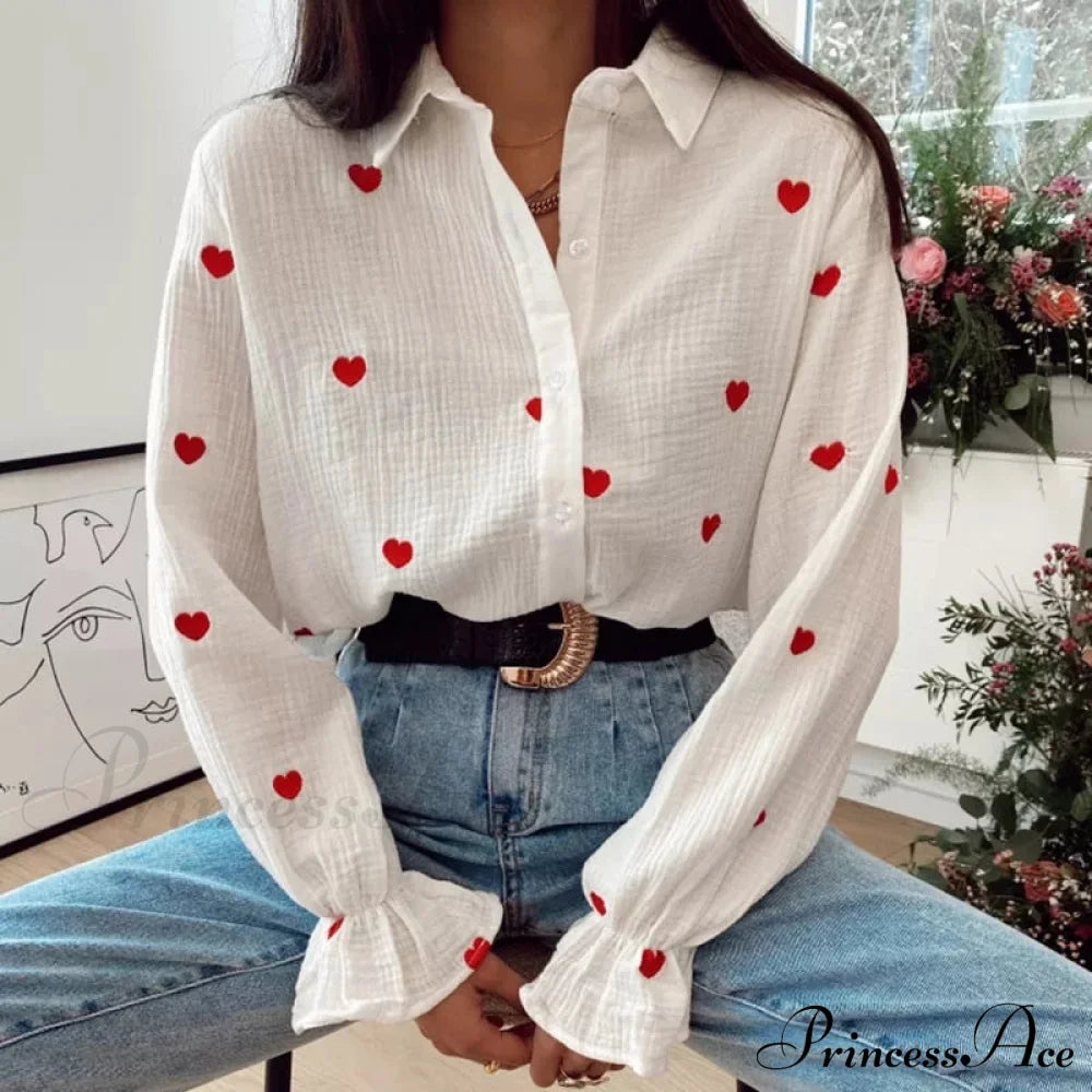 Turn Down Collar Heart Print Blouses