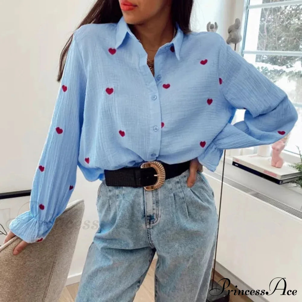 Turn Down Collar Heart Print Blouses Blue / S