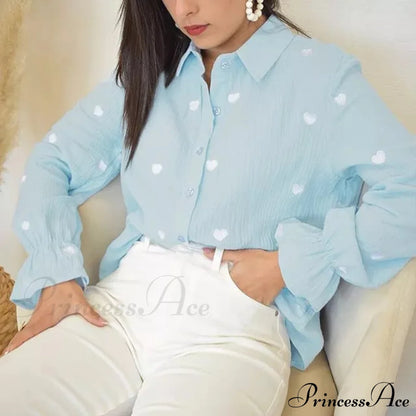 Turn Down Collar Heart Print Blouses Light Blue / S