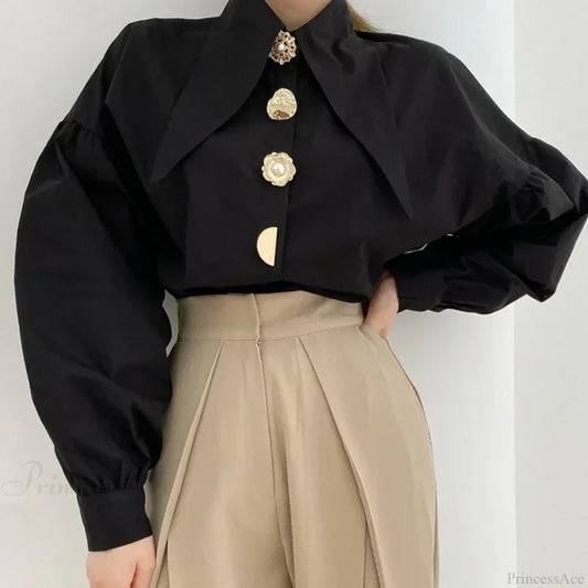 Turn Down Collar Long Sleeve Comfortable Autumn Blouse Black / S blouse-250126