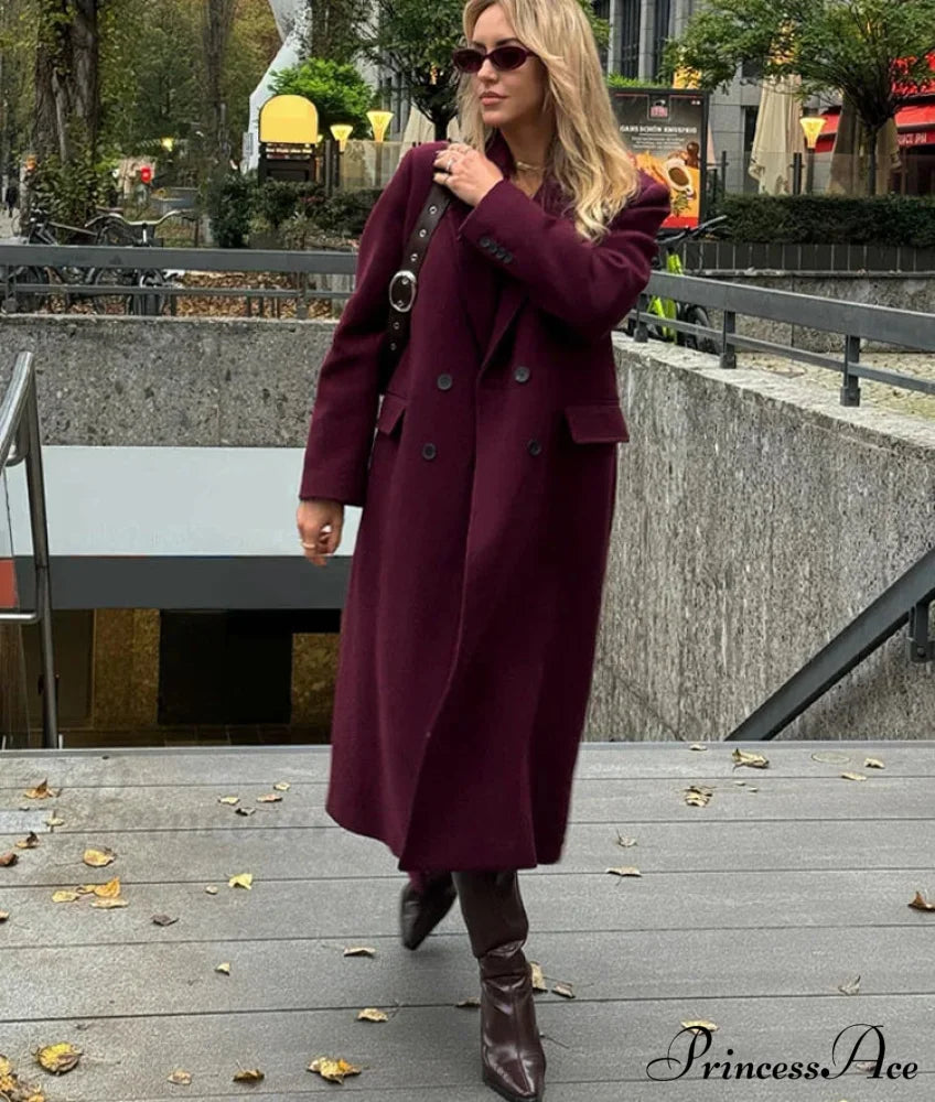 Turn-Down Collar Woolen Long Coat Wine Red / Xs Coats-241208