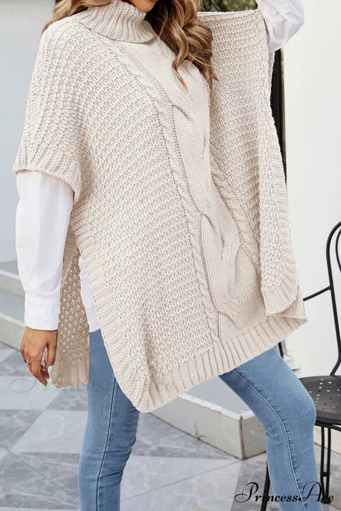 Turtleneck Cable Knit Shawl Sweater Beige / L Sweaters-L