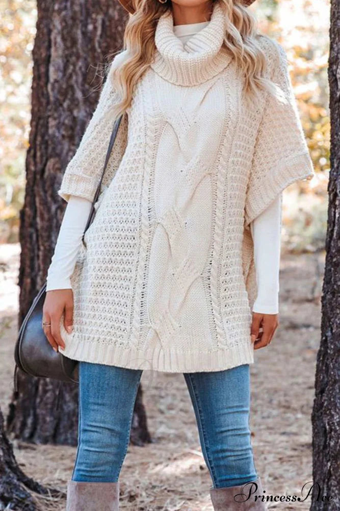 Turtleneck Cable Knit Shawl Sweater Beige / S Sweaters-L