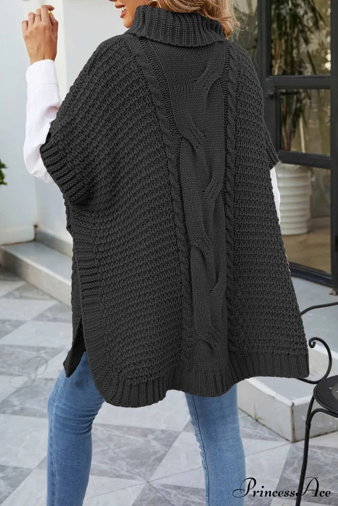 Turtleneck Cable Knit Shawl Sweater Black / L Sweaters-L