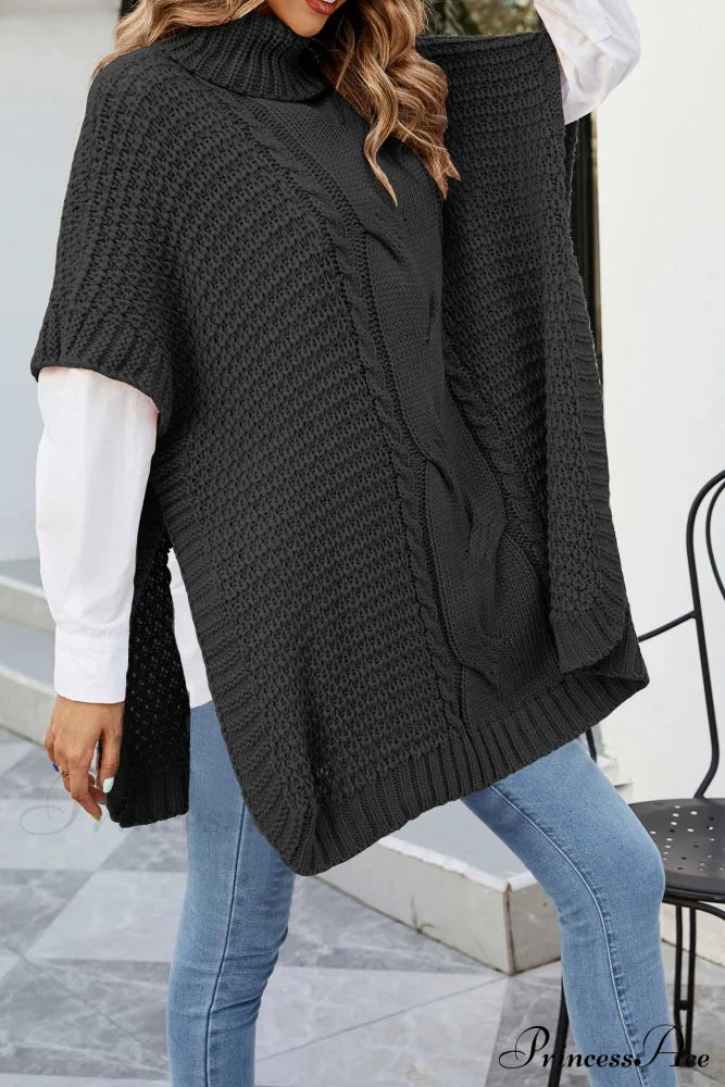 Turtleneck Cable Knit Shawl Sweater Black / M Sweaters-L