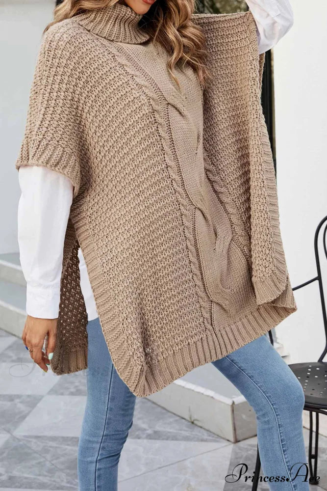 Turtleneck Cable Knit Shawl Sweater Khaki / L Sweaters-L