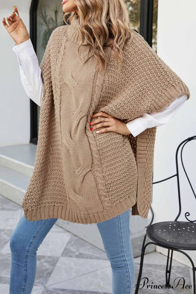 Turtleneck Cable Knit Shawl Sweater Khaki / M Sweaters-L