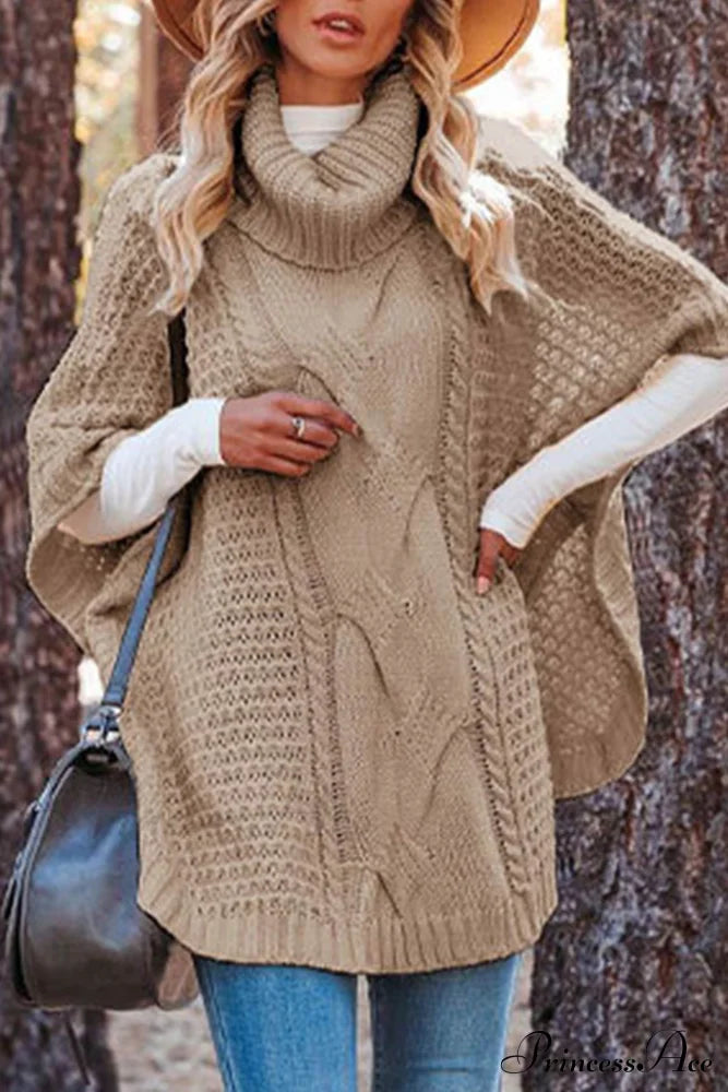 Turtleneck Cable Knit Shawl Sweater Khaki / S Sweaters-L