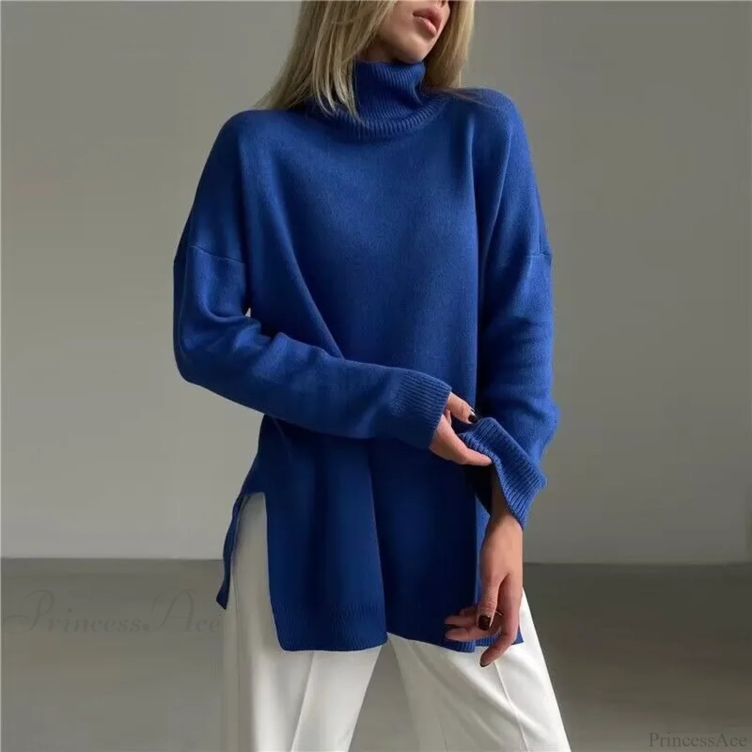 Turtleneck Casual Long-Sleeved Knitted Sweater Blue / S