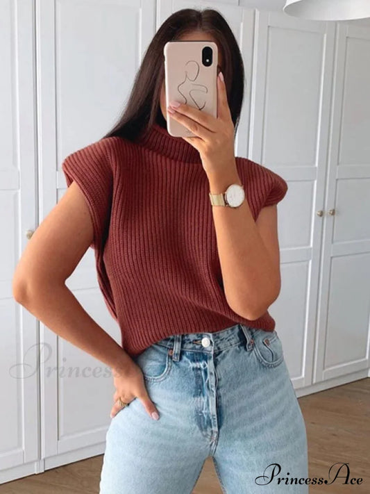 Turtleneck Color Solid Short-Sleeved Sweater Top